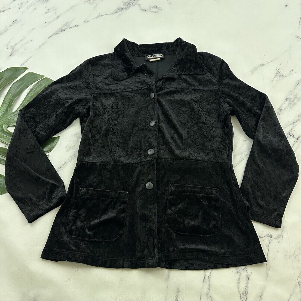 Hipwear Womens Vintage Y2k Velvet Top Size L Black Button Up Funky Pockets